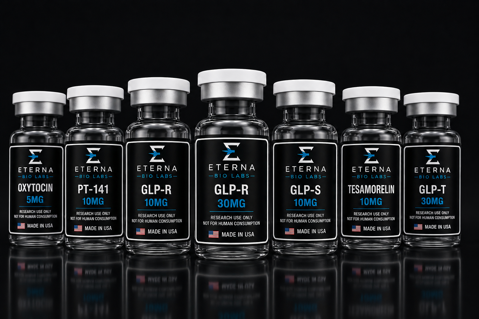 Lineup of Eterna Bio Labs research peptide vials
